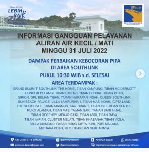 Pipa SPAM Bocor di Daerah Southlink, Ini Daftar Area Terdampak Suplai Air Bersih