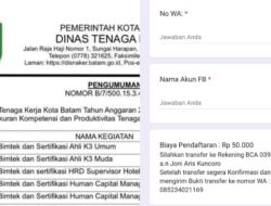 Warga Batam Keluhkan Link Palsu Bimtek Disnaker, Diminta Bayar Rp50 Ribu Oleh Oknum